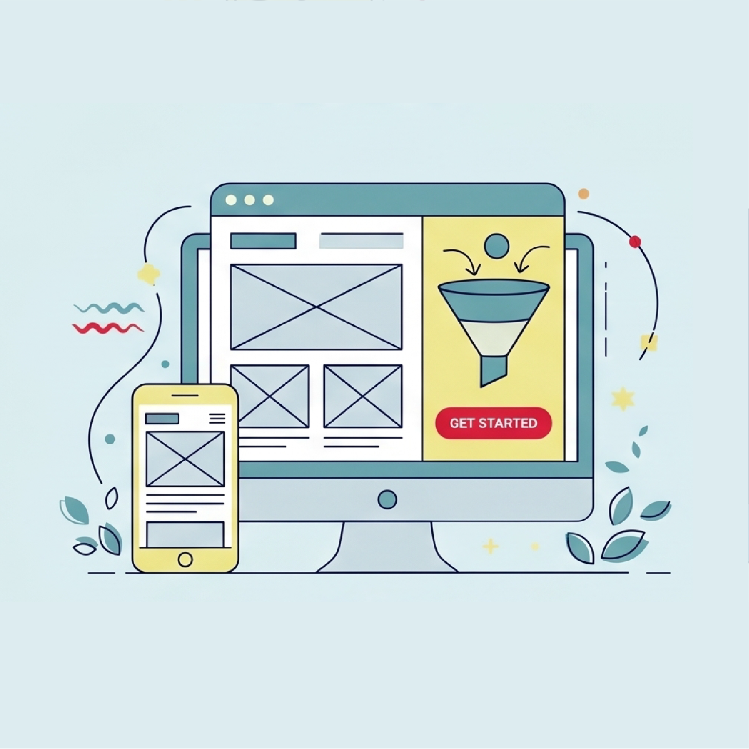 Ilustração de navegador com landing page e versão mobile